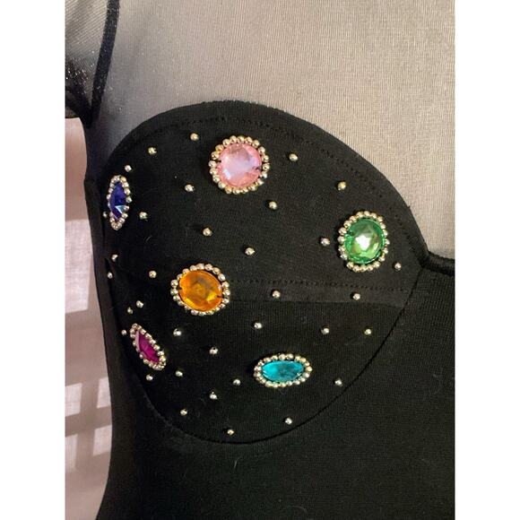 Vtg 90’s Black Sheer Crotch Snap Bodysuit Embellished Jewels Dance Stretch Med. - Picture 15 of 16